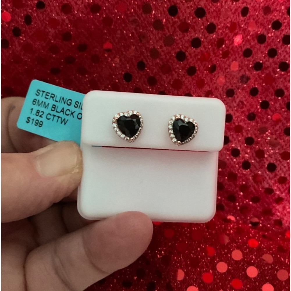 1.82 TW HEART BLACK ONYX STERLING SILVER 925 PIERCED W/ Halo MOISSANITE EARRINGS